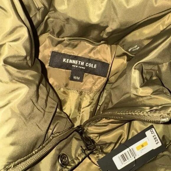 KENNETH COLE Olive Mid-Length Chevron Quilted Puffer Hooded Coat Faux Fur Size M - Picture 7 of 7